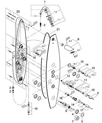 Parts breakdown for Amera shower system
