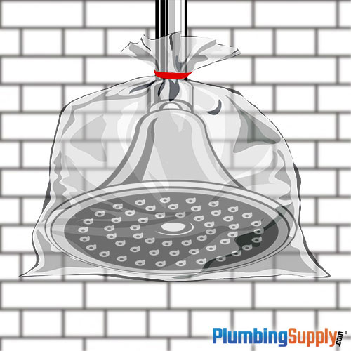 Shower head soaking in plastic bag of vinegar
