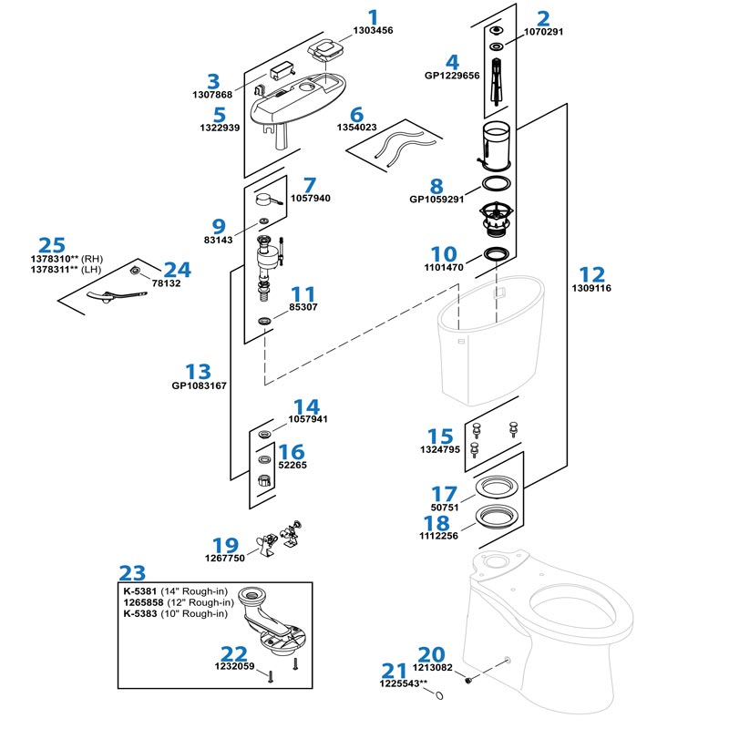 Parts diagram for Kohler Betello one-piece toilet - model #K-20198