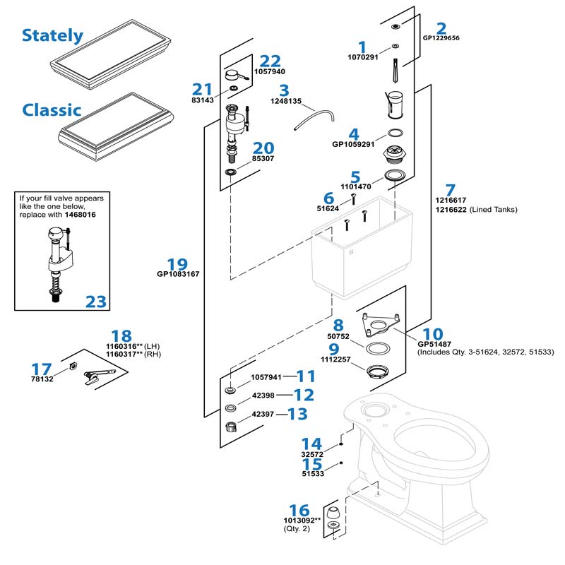 Memoirs Classic Toilet repair parts diagram