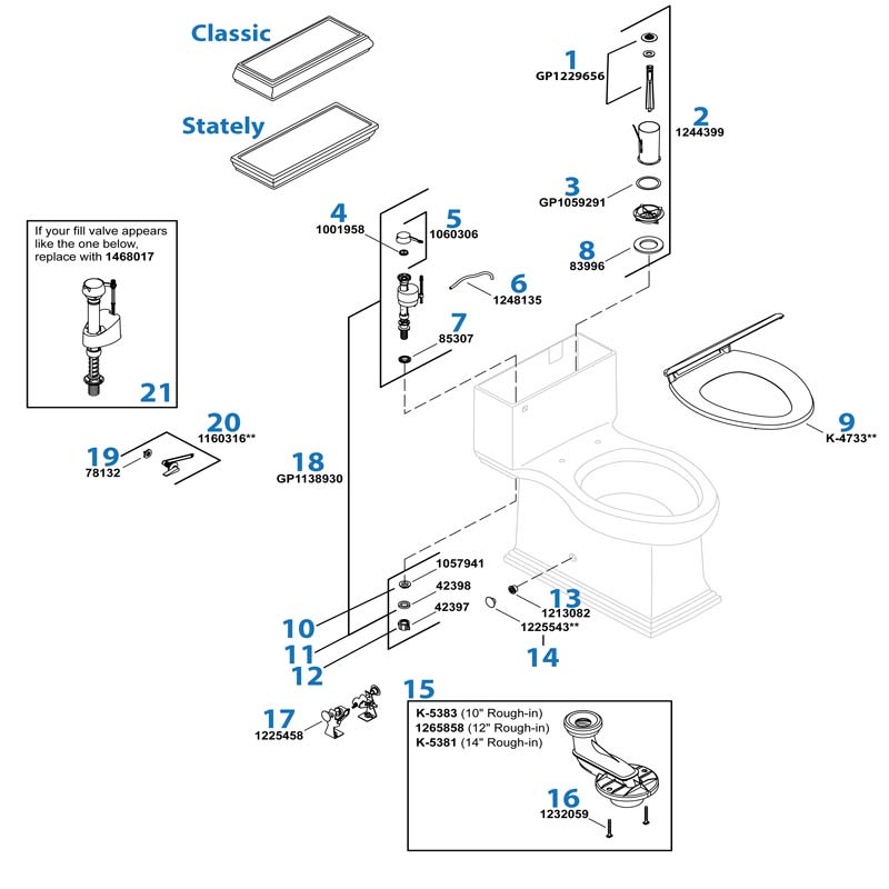 Memoirs Classic Toilet repair parts diagram