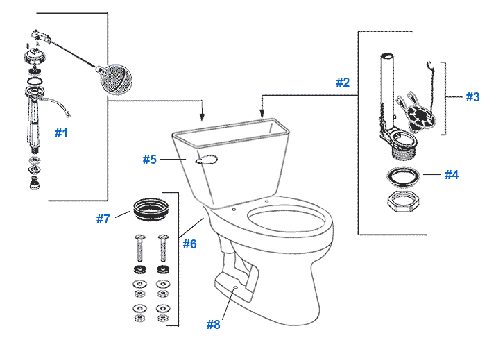 Parts diagram for Mansfield elegant two-piece Easton toilets