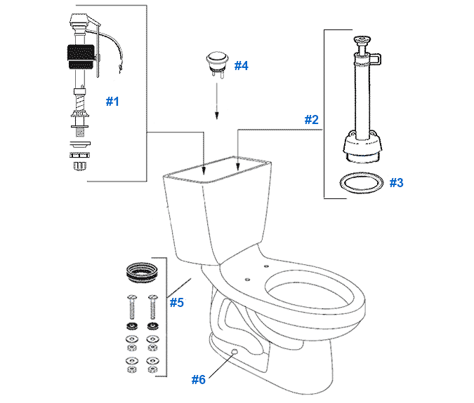 Parts diagram for Mansfield two-piece 1.0gpf Maverick toilets