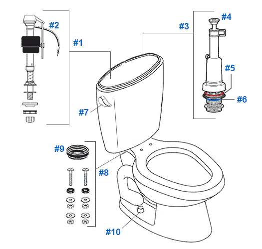 Parts diagram for Mansfield two-piece 1.6gpf Nottingham toilets
