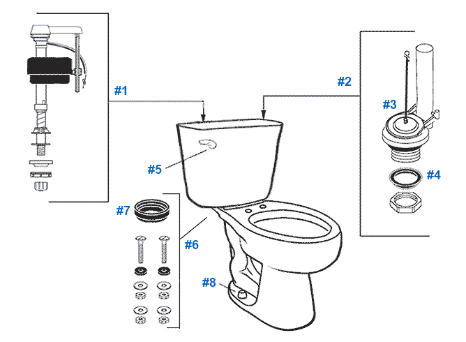 Parts diagram for Mansfield two-piece 1.6gpf Protector toilets