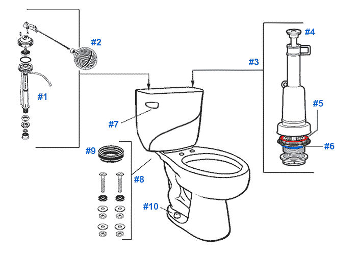 Parts diagram for Mansfield two-piece 1.6gpf Wave toilets