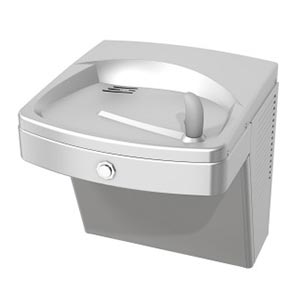 Refrigerated single level fountain with vandal resistant push button