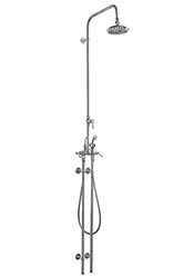 Dual inlet wall mounted outdoor shower with vertical risers and handspray