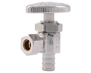 PEX barbed compression-style angle stop with 3/8-inch OD compression outlet