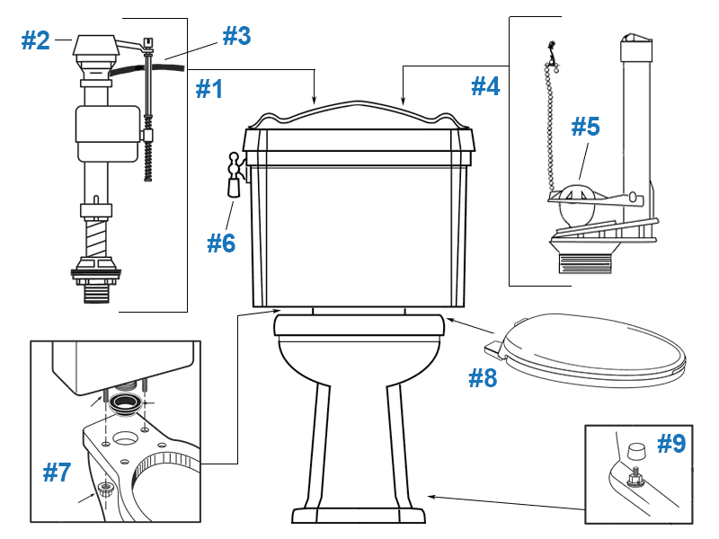 Repair parts diagram for Porcher Pomezia two-piece toilet - tank #41150