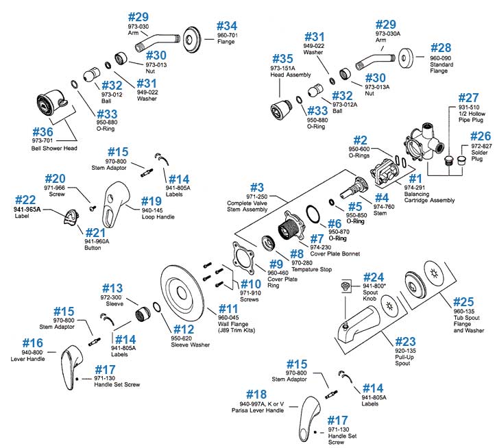 Price Pfister Series 08 09 Single Handle Tub Shower Parts