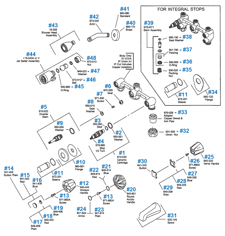 Price Pfister Repair Parts For Three Handle Tub Shower Series