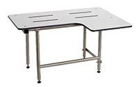 Reversible tub shower bench with swing down legs