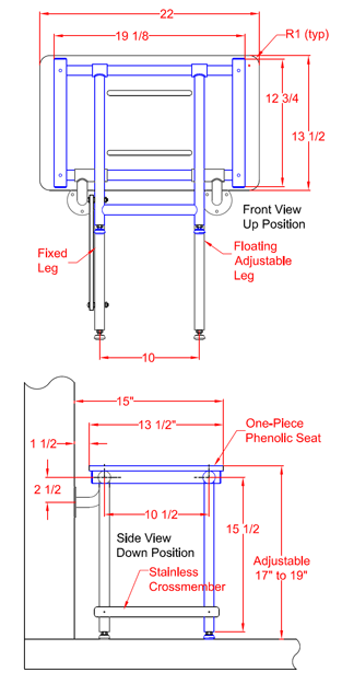 Bench style Shower Seat 22 x 15 Swing Down Legs SSB2-220150