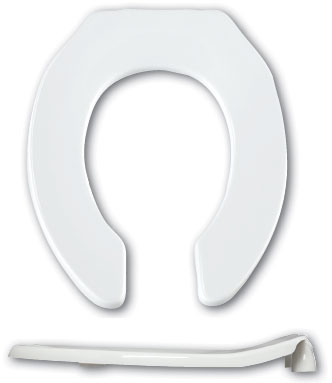 Toilet Seat: White, Plastic with Stainless Steel Posts, External Check  Hinge, 2 3/8 in Seat Ht, Open