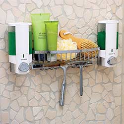 Aviva soap dispenser with shower caddy basket installed