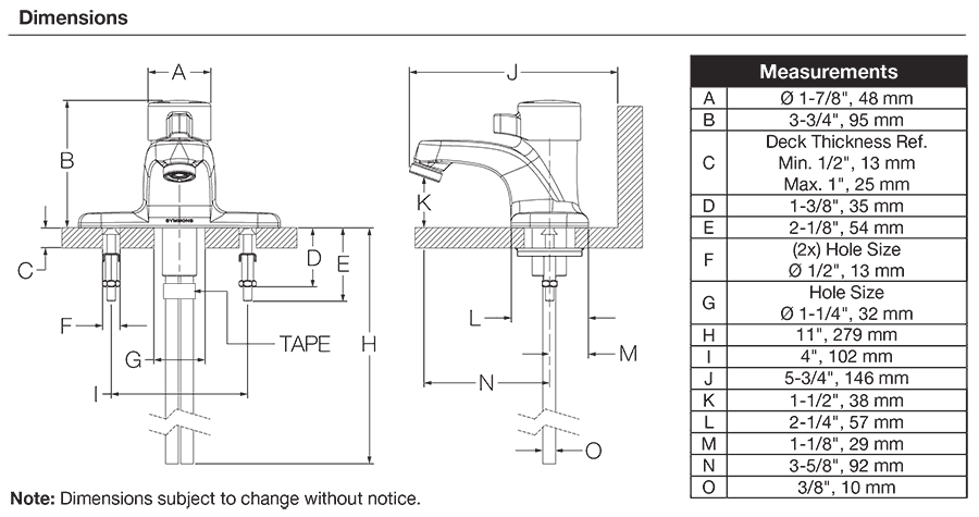 Symmons Slow Closing Faucets With Adjustable Metering Flow Time