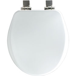 Photo of Alesio round white toilet seat with brushed nickel hinges