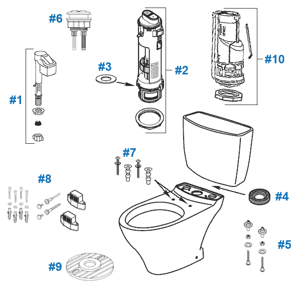 Parts diagram for Aquia II toilets