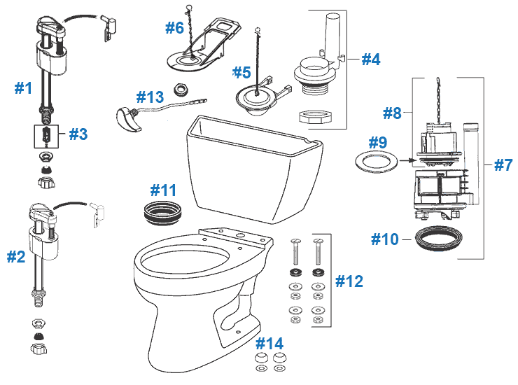Parts diagram for Drake two-piece toilets