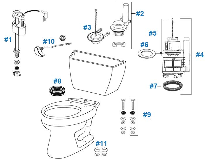 Parts diagram for Drake two-piece toilets