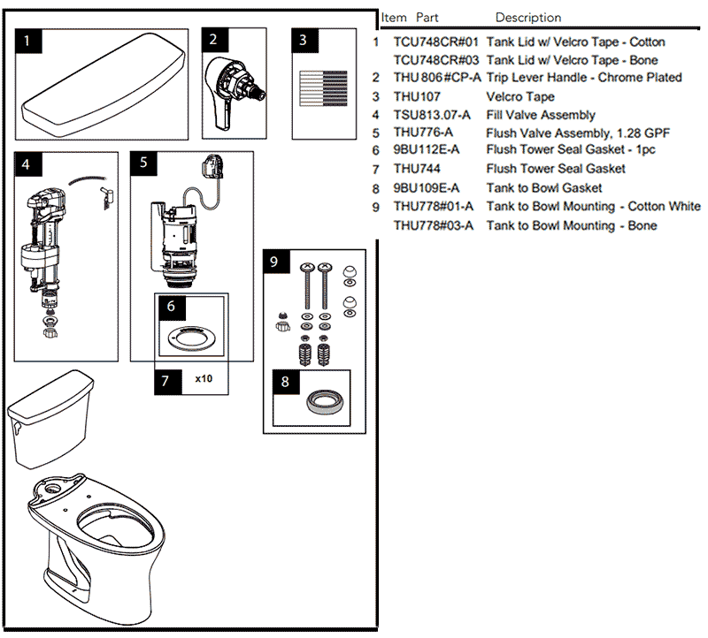 Parts diagram for Drake two-piece toilets