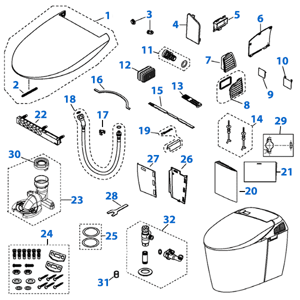 Parts diagram for Neorest 500H tankless toilets