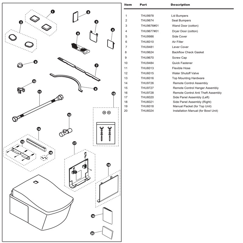 Parts diagram for Neorest Wall-Hung two-piece toilet models 996 & 994