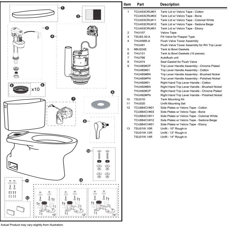 Parts diagram for Vespin II toilets with tank ST453URA