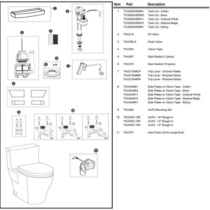 Parts diagram for Legato toilets