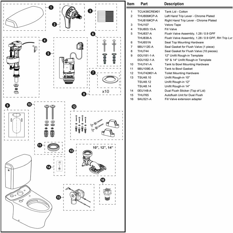 Parts diagram for Aquia IV toilet model MS646234CUMFG