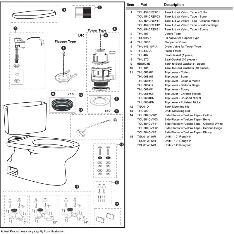 Parts diagram for Vespin II toilets with tank ST454CEFG