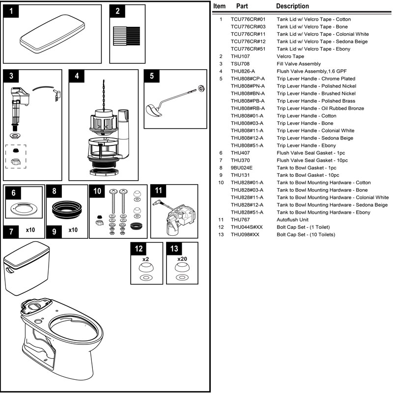 Toto Parts diagram for Drake toilets with tank model ST776SA