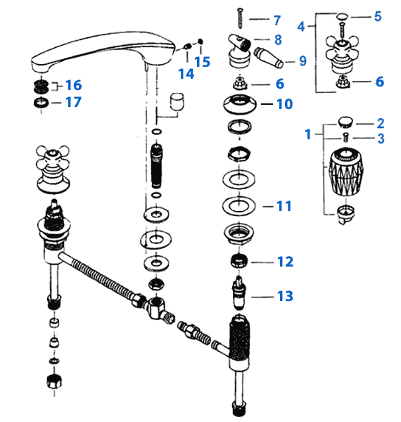 Valley parts breakdown for two handle new style Roman tub filler faucets