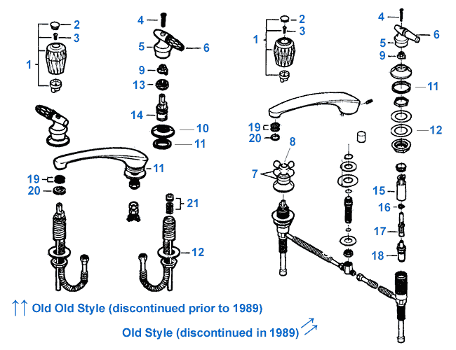 Valley two handle old style Roman tub filler faucet parts breakdown