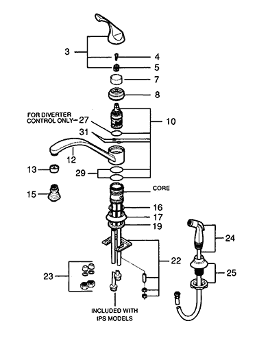 Valley single handle kitchen faucet parts diagram - 1518/9, 1628/9 new style