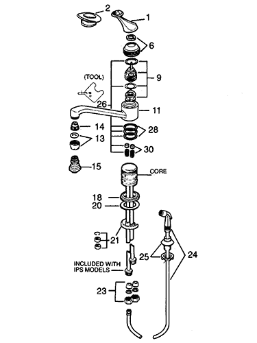 Valley single handle kitchen faucet parts diagram - 1518/9, 1628/9 old style