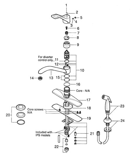 Valley single handle kitchen faucet parts diagram - loop handle