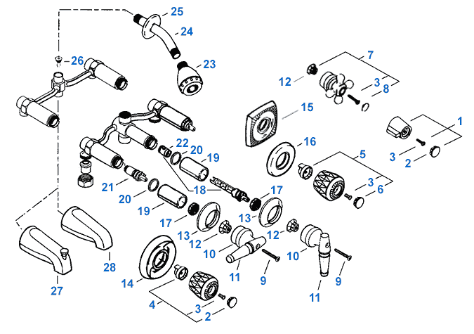 Valley two and three handle new style tub or shower parts breakdown