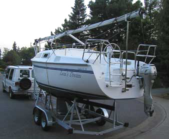 Catalina 250 wing keel sailboat on Vic's trailer
